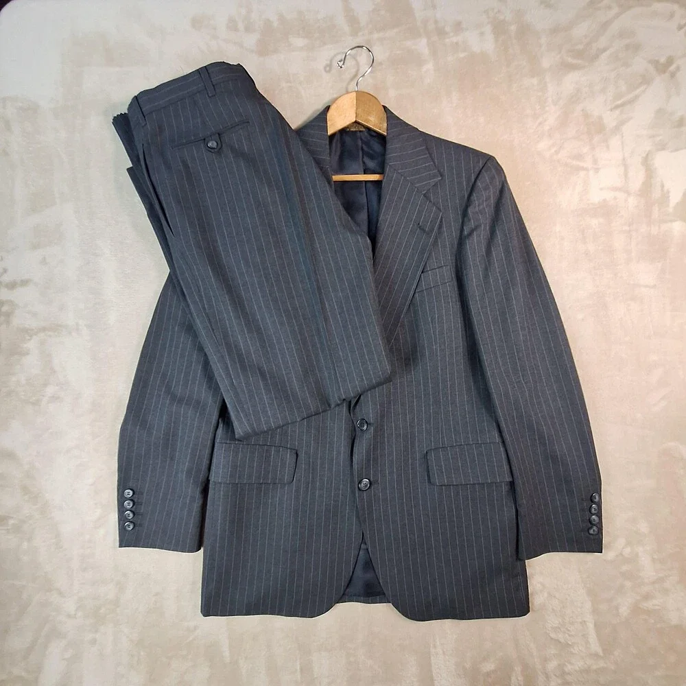 Anderson-Little Suit Mens 40 Long 34W Gray Wool Stripe Single Vent 2 Btn USA
